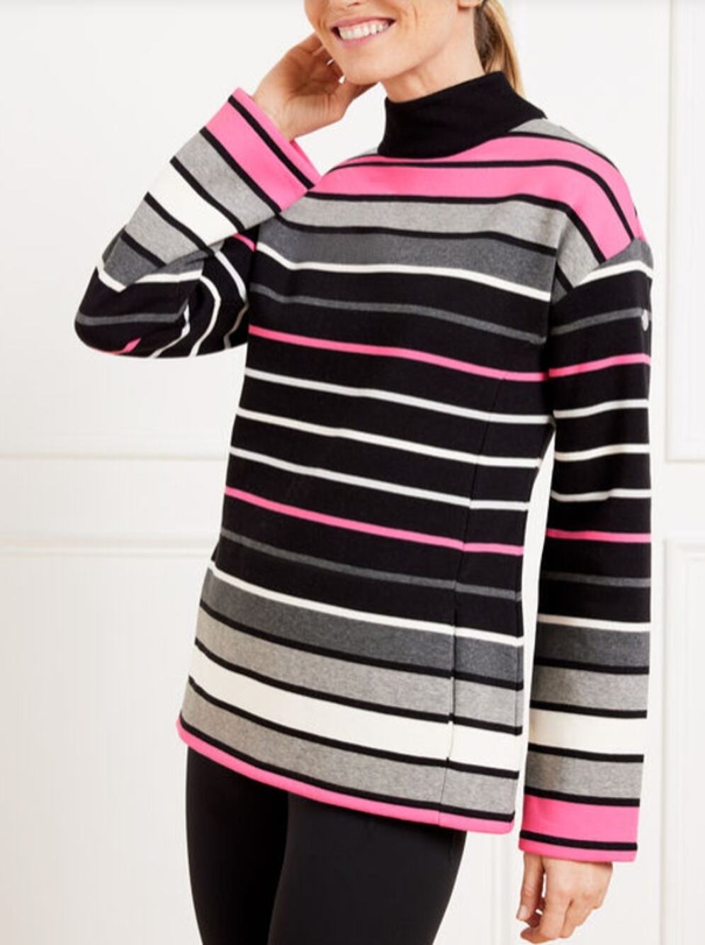 T by Talbots 2X Striped Mock Neck Pullover Horizontal Stripe Pink Black Gray